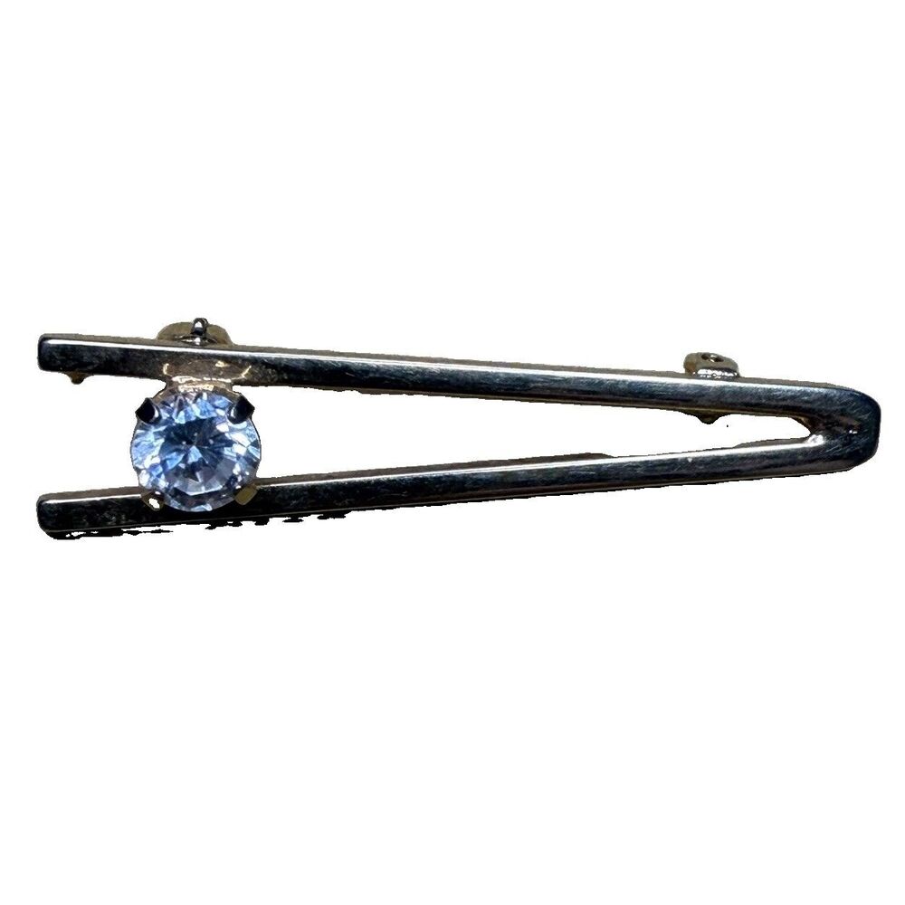 Vintage Gold Tone Minimalist Geometric Bar Brooch Pin Clear Rhinestone Solitaire